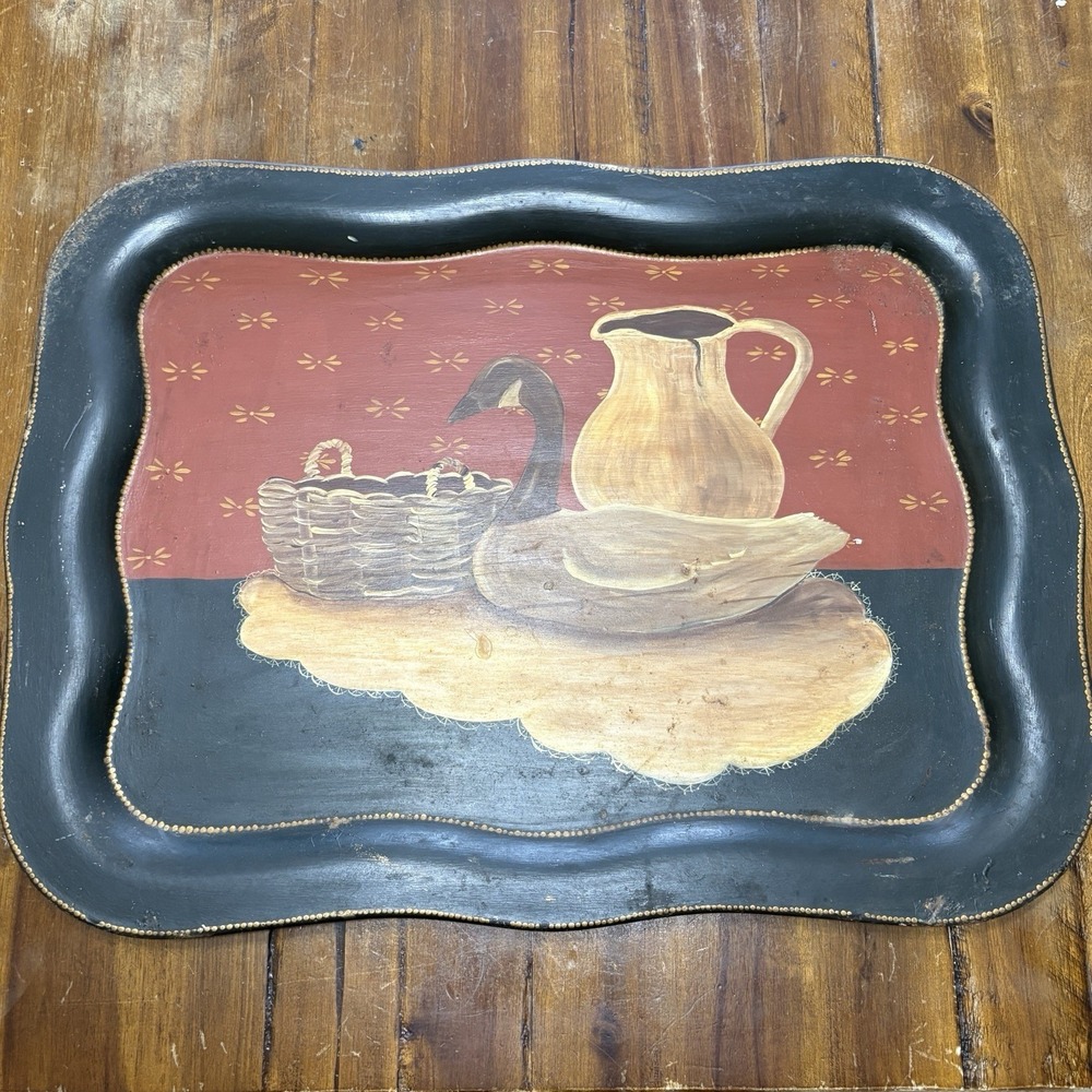 Vtg Hand Painted Metal Tray Goose Folk Art Serpentine Edges French Farmhouse